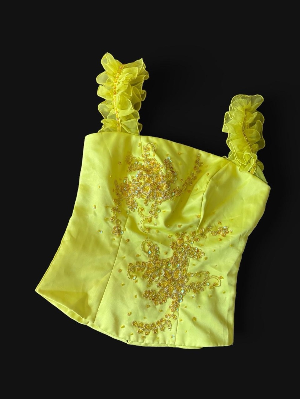 Yellow Embellished Ruffle Strap Bustier Top & skirt